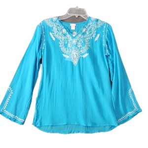 Lolita Women Shirt Sz M Turquoise Boho Flowy Embroidered Peasant Top Blouse NWT